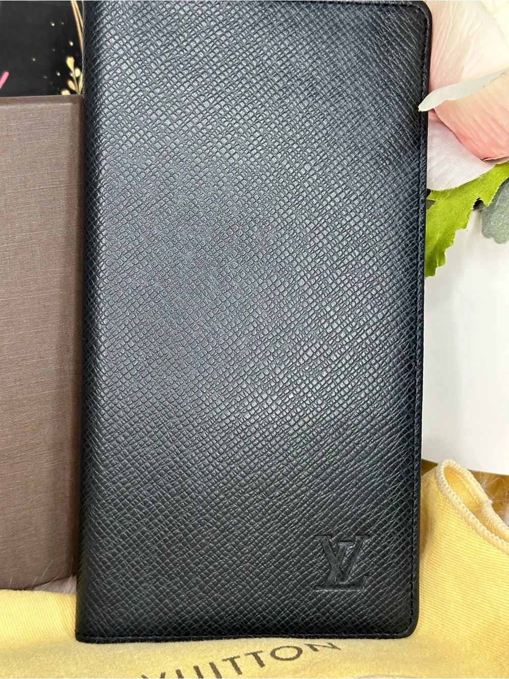 Authentic Louis Vuitton Black Textured Long Wallet with Debossed LV